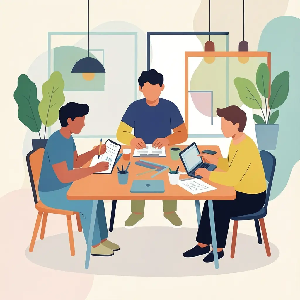 Abstract illustration of three stylized people collaborating around a shared workspace